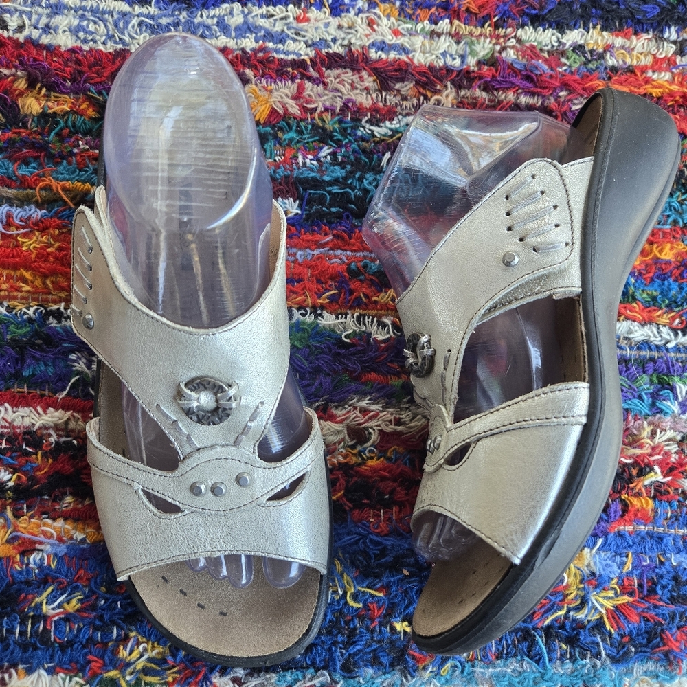 Romika Muted Metallic Gold With Silver Beading Slide On Sandals Size 9